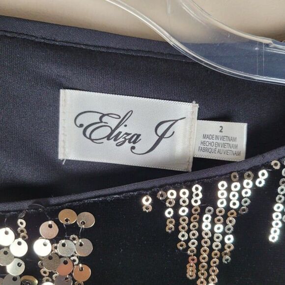 Eliza J Size 2 Sequin Velvet Shift Mini Dress 3/4 Sleeve Party Black Gold - Picture 12 of 12